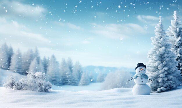 Cute snowman and snow forested landscape Winter decoration and background