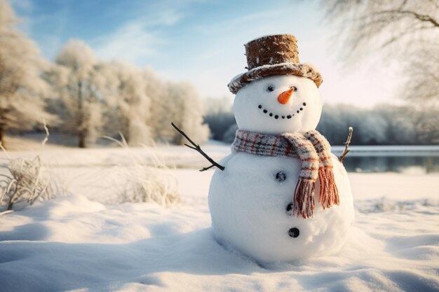 Cute snowman in snow with senta hat for happy christmas and new year festival winter wallpaper AI