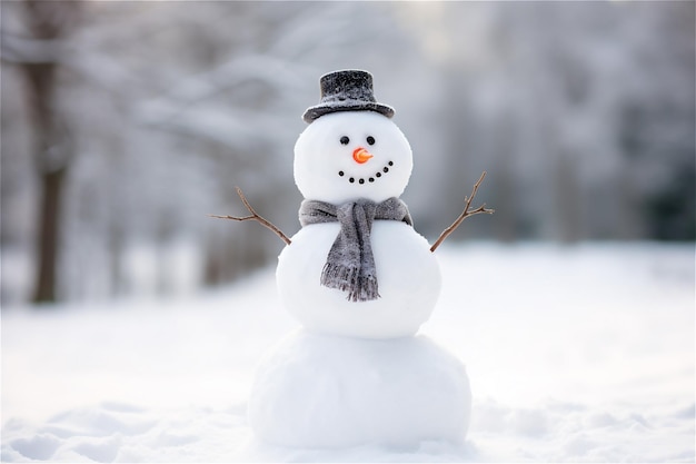 cute snowman on snowy field