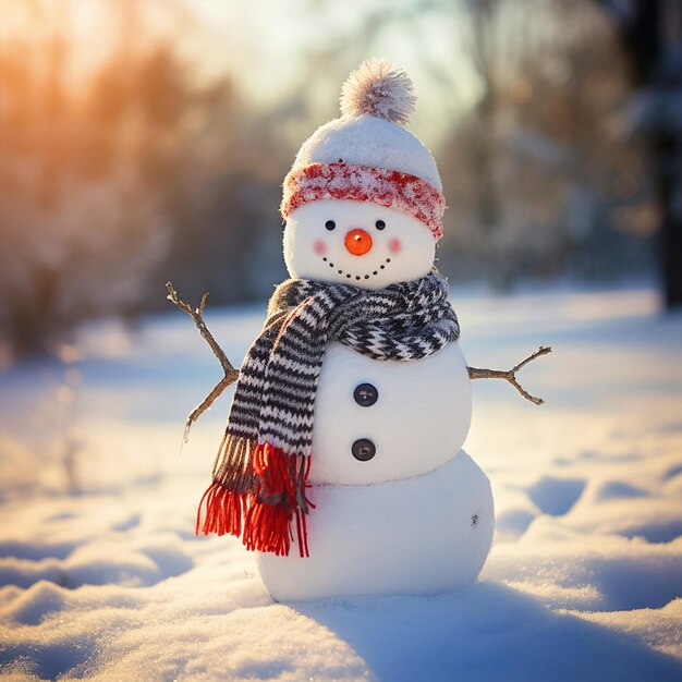 雪の中に立っている可愛い雪だるま クリスマスの背景