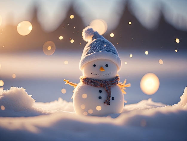 Photo cute snowman standing on snowy field ai generative