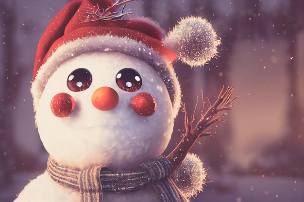 Photo cute snowman standing on snowy field in winter christmas and happy new year greeting card