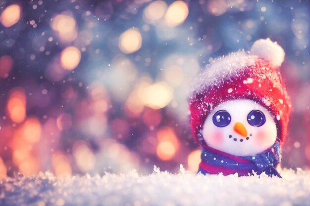 Photo cute snowman standing on snowy field in winter christmas and happy new year greeting card