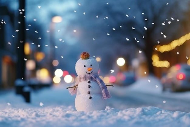 Cute snowman in the street Christmas concept Generative AI