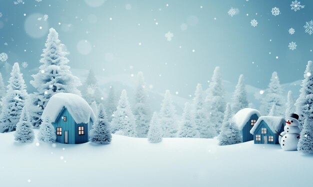 可愛いスノーマン 小さな家と雪の森の風景 冬の装飾と背景