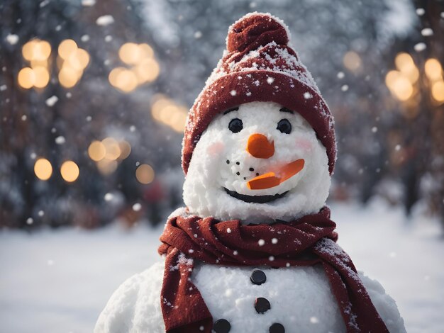 Photo cute snowman wearing hat and scarf on the snow outdoor