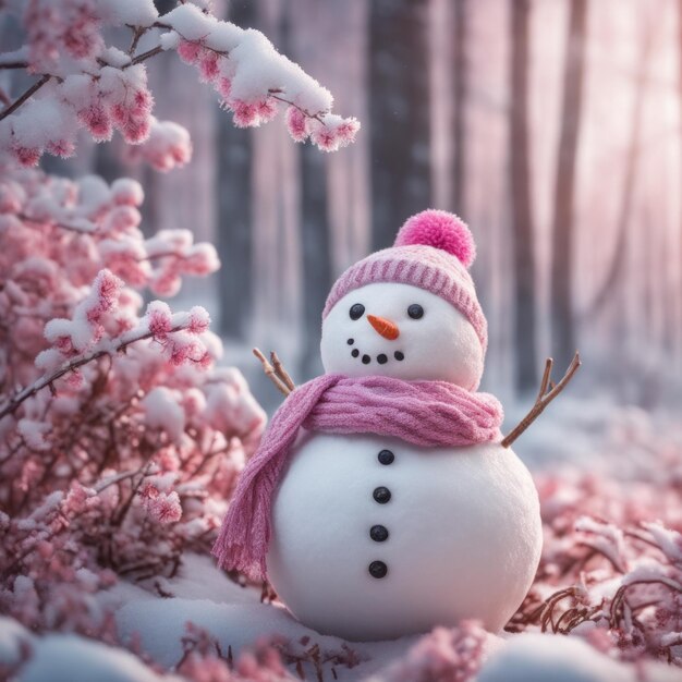 눈 인 지역 과 보케 눈 배경 에 분홍색 스카프 를 입은 귀여운 스노우맨