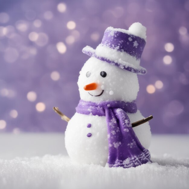 Cute snowman wearing purple scarf on a snowy area and bokeh light background