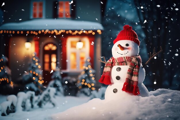 Foto dolce pupazzo di neve con cappello rosso e sciarpa davanti alla casa decorata per natale con luci generate da ai