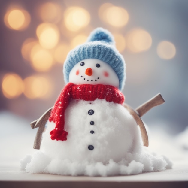 Cute snowman wearing red scarf on a snowy area and bokeh light background