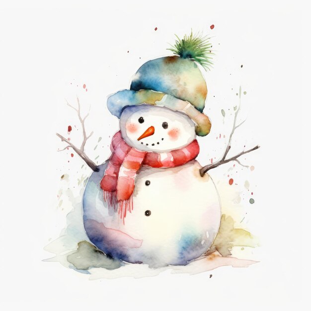 Cute Snowman on a white background Watercolor Christmas Snowman in green knitted hat and red scarf