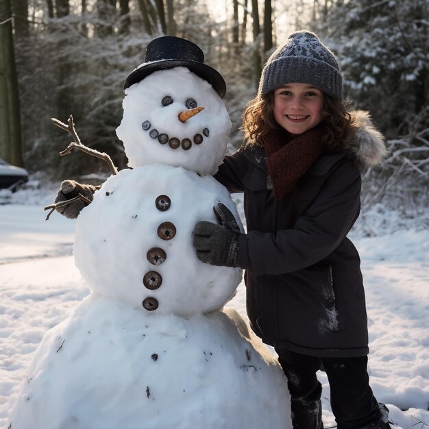 Photo cute snowman in winter landscape