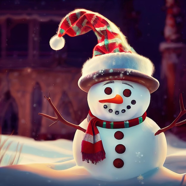 Милый снеговик в шляпе в рождественском пейзаже