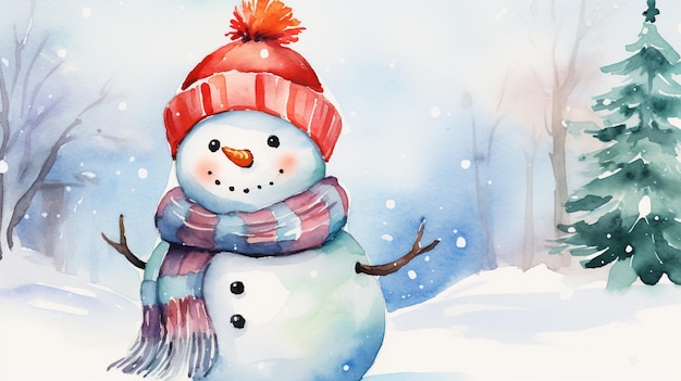 cute snowman with red scarf watercolor christmas card