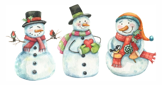 Photo cute snowmen in hats and scarves hand drawn watercolor christmas character set.