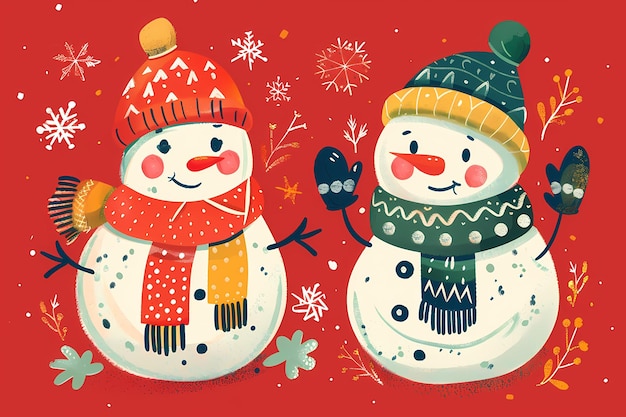 Фото Милые снеговики в красочных на красном фоне в плоском стиле иллюстрации с рисунками персонажей мультфильмов и веселыми цветами, созданными ай
