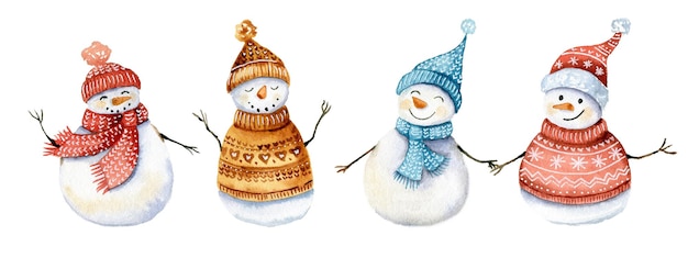 Cute snowmen in knitting hats hand drawn watercolor christmas character set