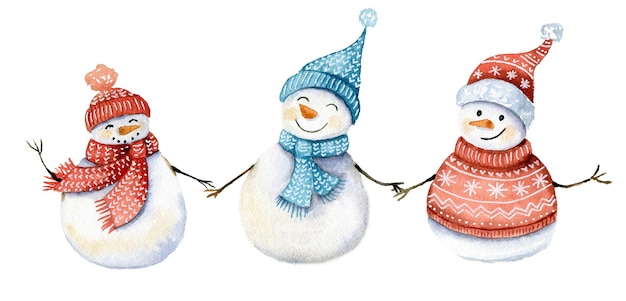 Cute snowmen in knitting hats hand drawn watercolor christmas character set