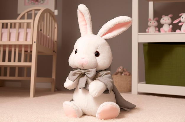 Cute soft toy bunny sitting on floor in children's room Generative AI