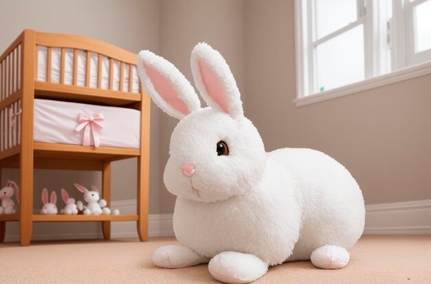 Cute soft toy bunny sitting on floor in children's room Generative AI