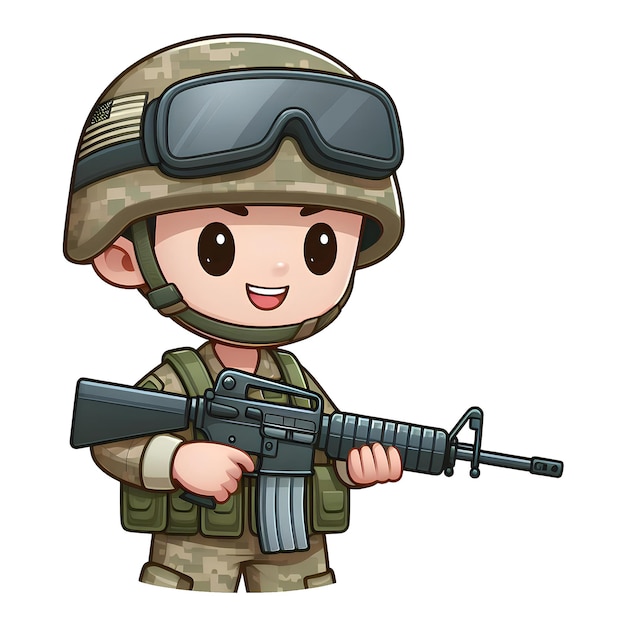 cute soldier cartoon with gun half body white background