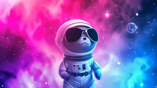 Cute space seal dressed in astronaut suit with sunglasses in Pink and Blue Generative Ai