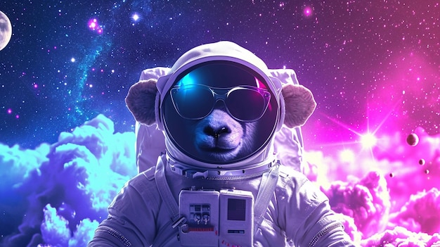 マジカル・ギャラクシー・スターで太陽眼鏡をかけた宇宙飛行士のスーツを着た可愛い宇宙羊