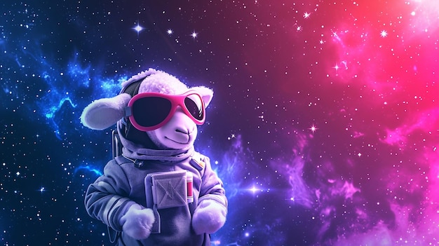 마법의 은하 별에서 선글라스를 입은 우주비행사 의상을 입은 귀여운 우주 양