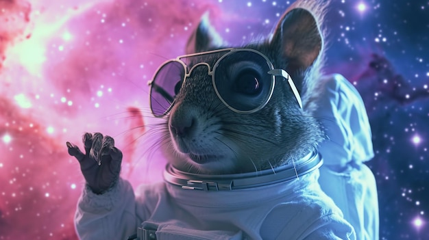 Foto carino scoiattolo spaziale vestito in tuta di astronauta con sfondo di stella galattica ai generative