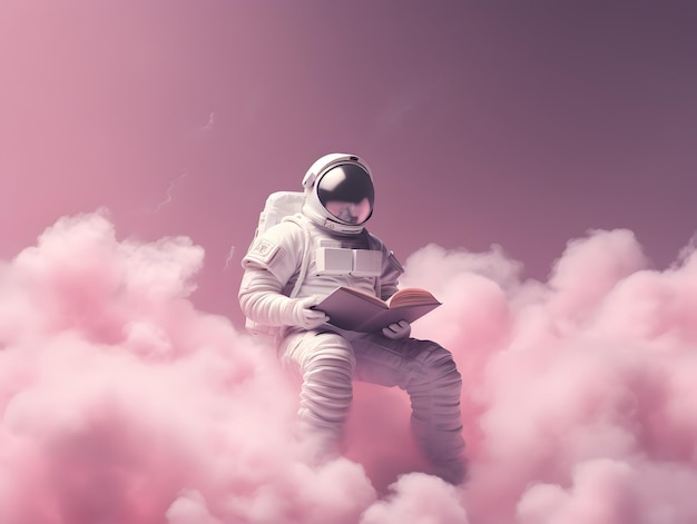 귀여운 우주인이나 우주 비행사가 구름 위에 앉아서 책을 읽고 있습니다.