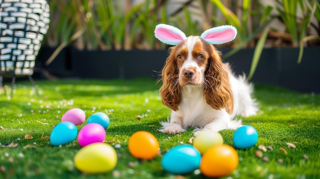 A cute Spaniel dog wearing bunny ears with colorful Easter eggs amidst the lush garden backdrop