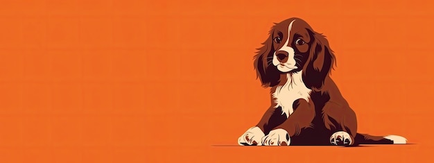 Cute spaniel puppy on orange background with copy space banner