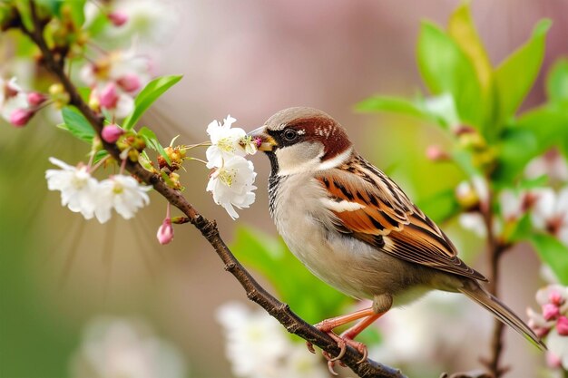 Foto piccolo passero nel giardino primaverile con l'albero in fiore giornata mondiale del passero