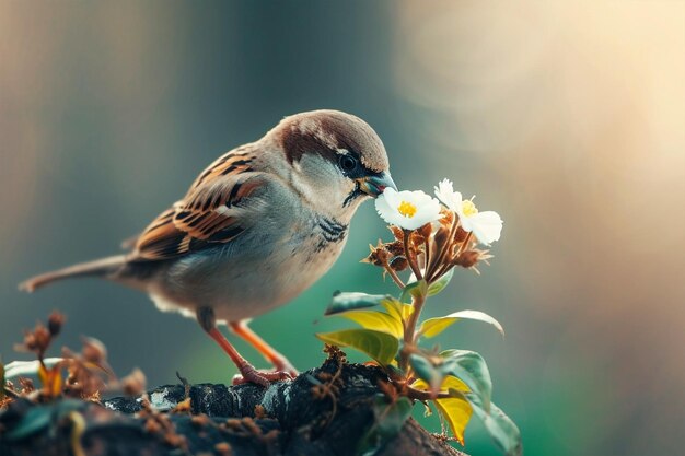 Foto piccolo passero nel giardino primaverile con l'albero in fiore giornata mondiale del passero