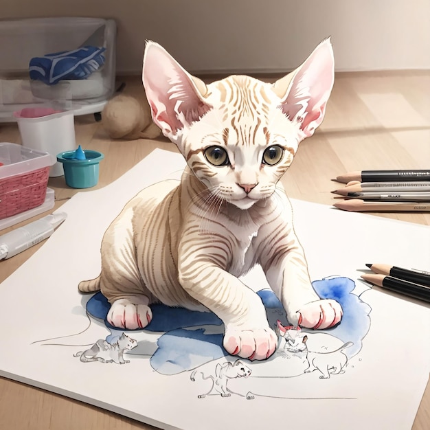 Cute Sphynx Cat Watercolor Sketch Illustration