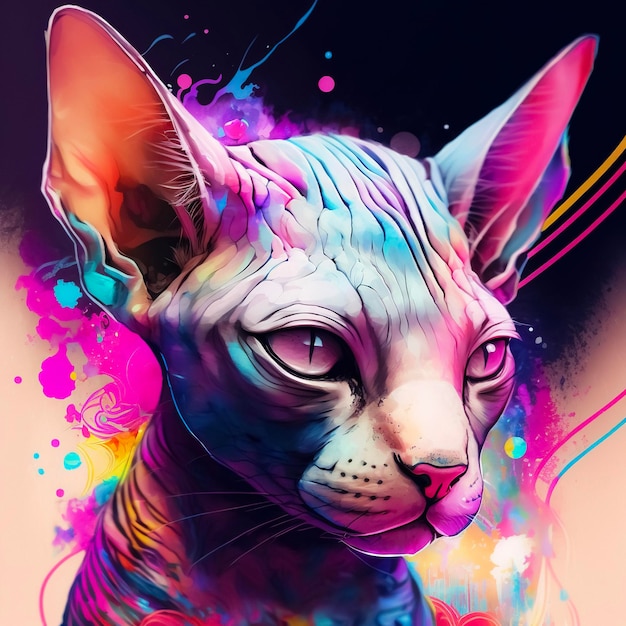 Cute sphynx cat with golden eyes painted with watercolor color splashes Digital art Card tshirt or tattoo design 3D illustration