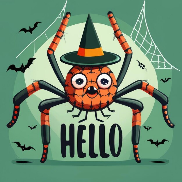 Photo a cute spider crawling on a web with text hello isolated on a green background