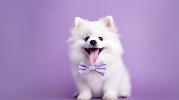 Cute spitz puppy in a bow tie on a lilac background Generative AI