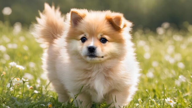 cute spitz puppy in the meadow