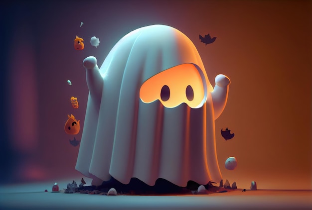 Cute spooky fabric ghost in Halloween party background Funny character art concept and Generative AI