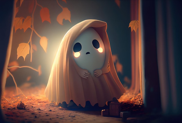 Cute spooky fabric ghost in Halloween party background Funny character art concept and Generative AI