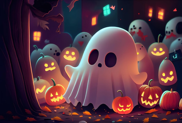 Cute spooky fabric ghost in Halloween party background Funny character art concept and Generative AI