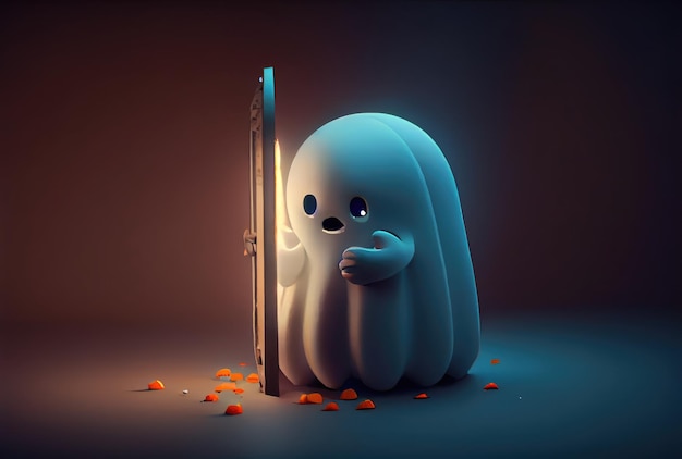 Cute spooky fabric ghost looking into the reflection mirror in Halloween party background Funny character art concept and Generative AI