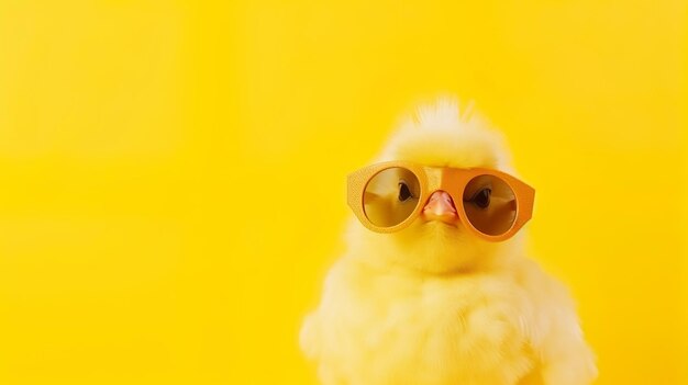 Cute spring baby chick wearing cool sunglasses on yellow pastel color background Generative AI