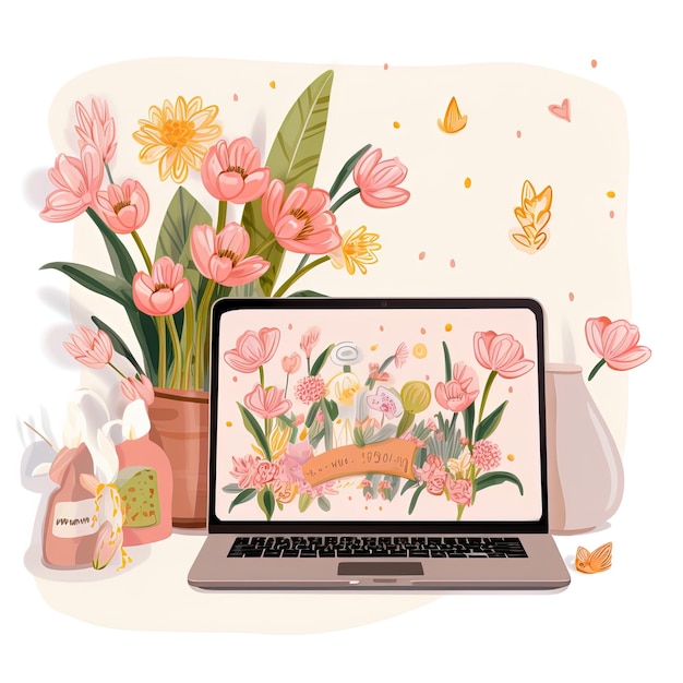 Cute spring laptop design with flowers