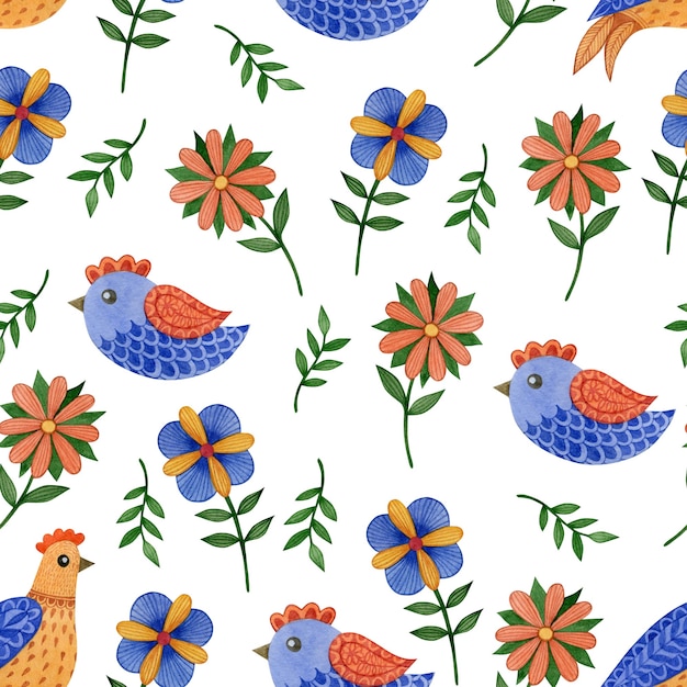 Cute spring seamless pattern in folk art Easter birds