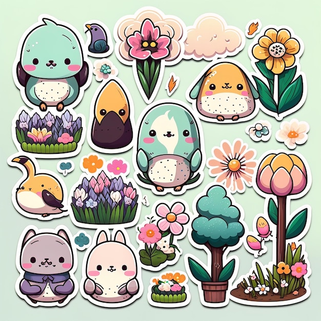 Cute spring stickers on green backround