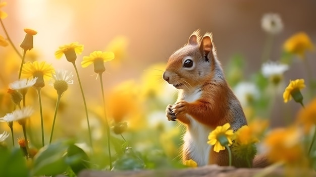 Photo cute squirrel and beautiful flowers in the garden ai generated