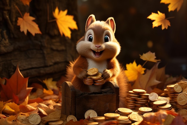 Cute squirrel character at home acorns