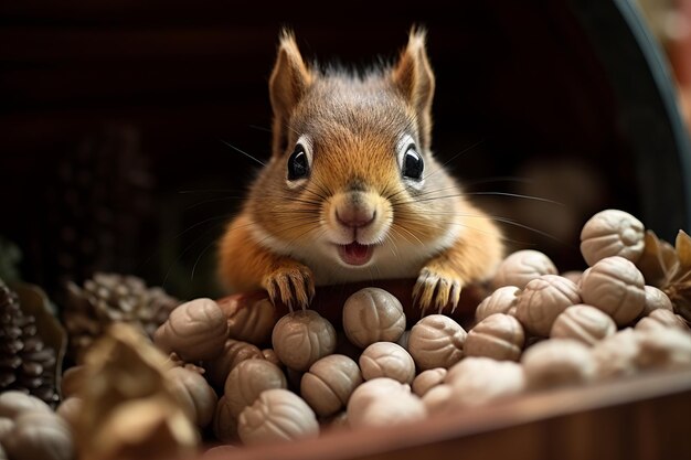 Cute squirrel character at home acorns